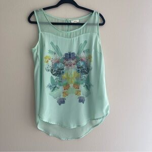 MINE | Sheer Sleeveless Top. Aqua Green / Teal with front floral design.